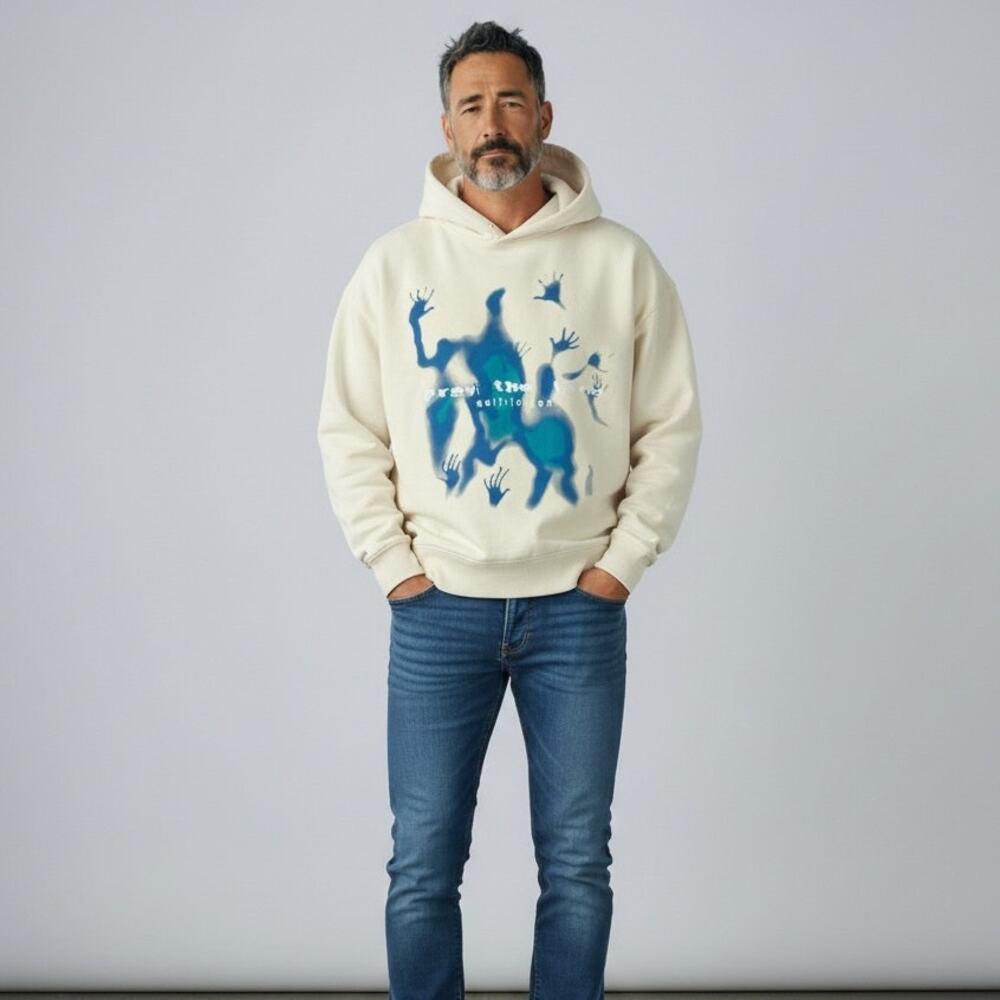 Aelfric Eden Graphic Print Oversized Sweatshirt Hoodie Men's Sz XS Cream Casual